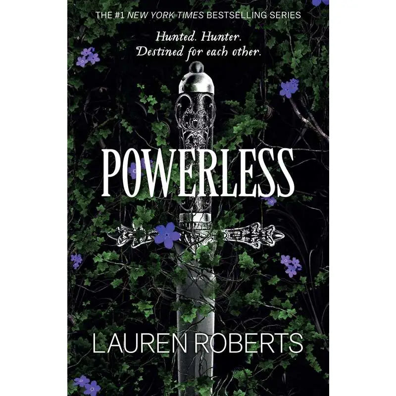 Book cover of 'Powerless' by Lauren Roberts with a sword and foliage design.