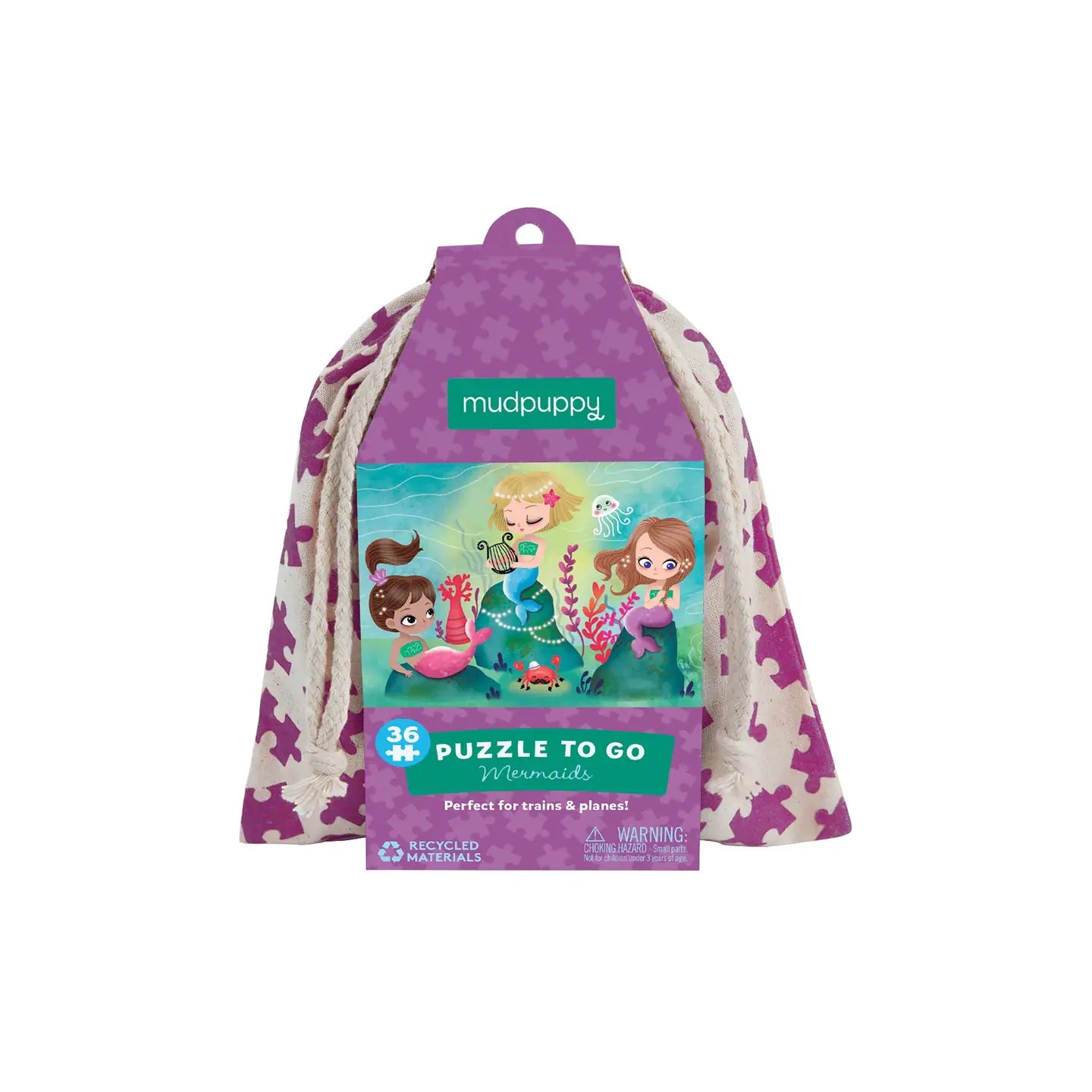 Mudpuppy mermaid puzzle in a purple drawstring bag on a white background