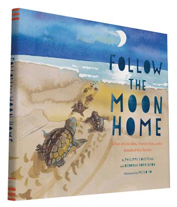 Book titled 'Follow the Moon Home' with illustrations of turtles on a beach.