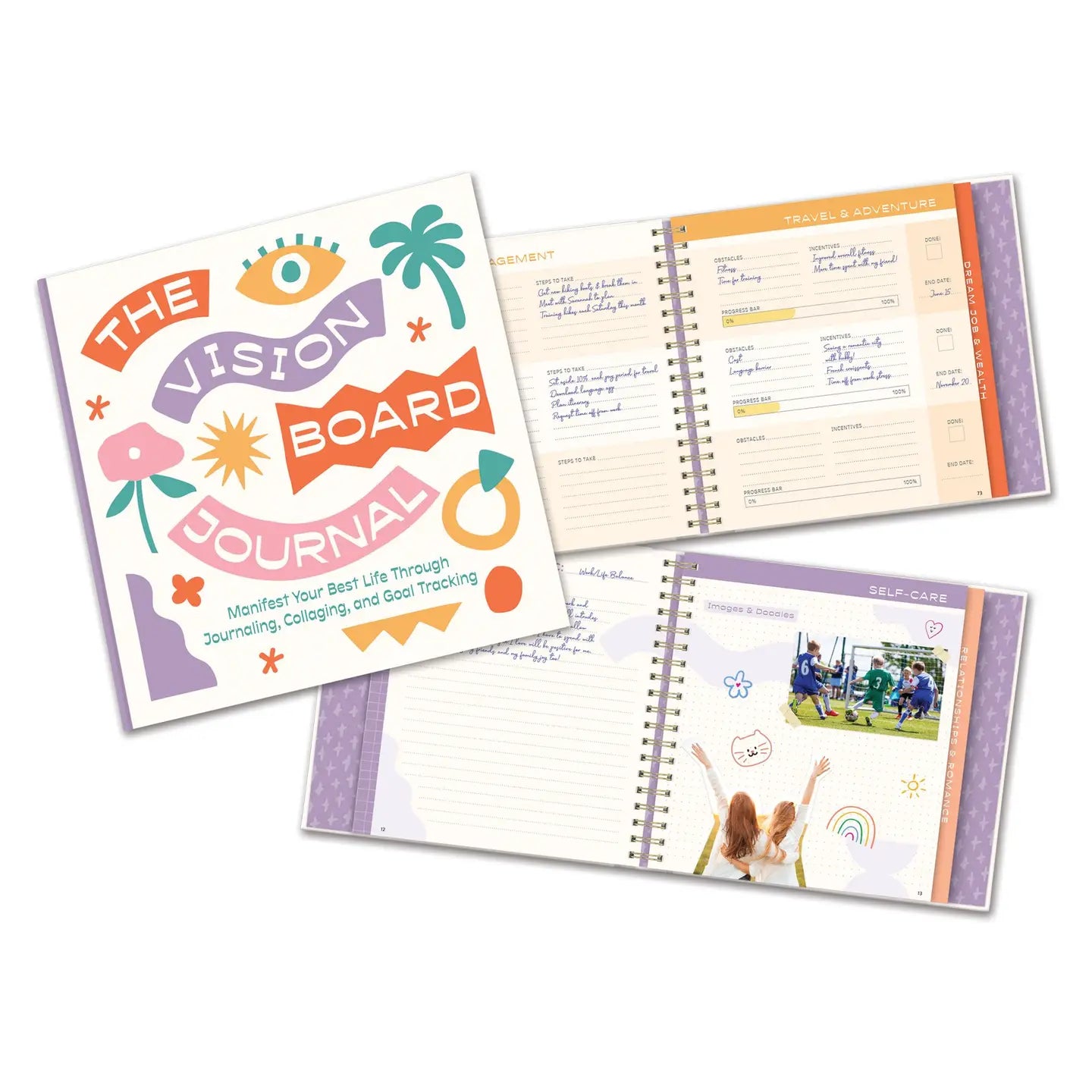 Vision Board Journal with colorful design and open pages on a white background