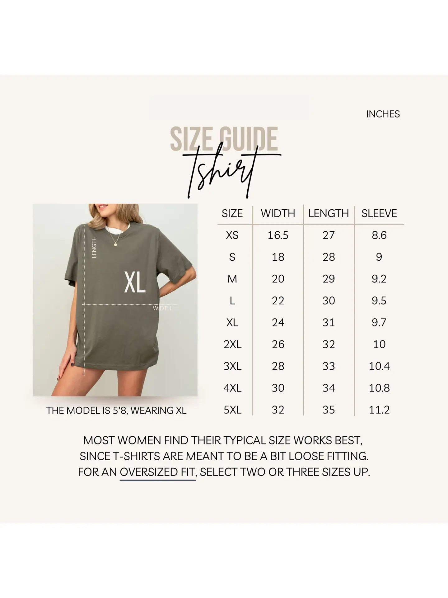 T-shirt size guide with measurements and a model wearing an XL t-shirt.