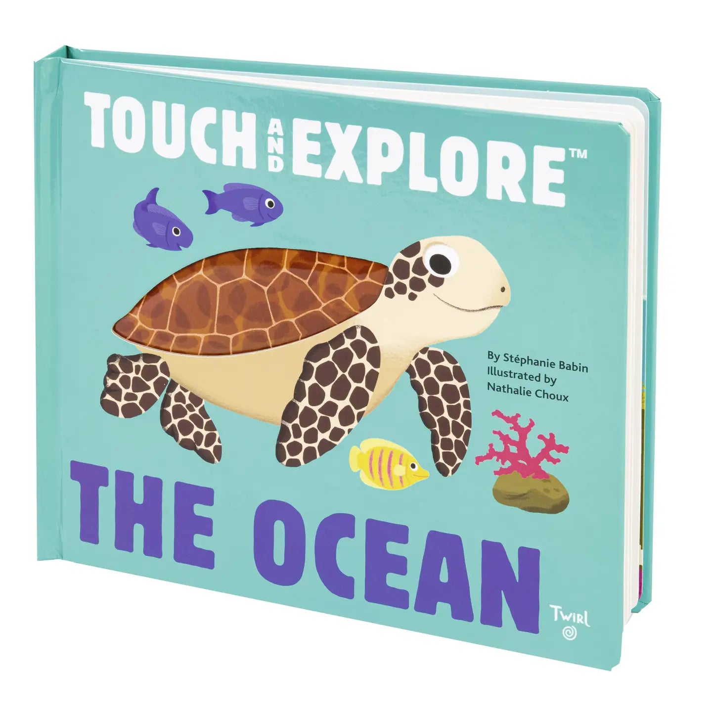 Children's book titled 'Touch and Explore The Ocean' with a turtle illustration on a light blue background.