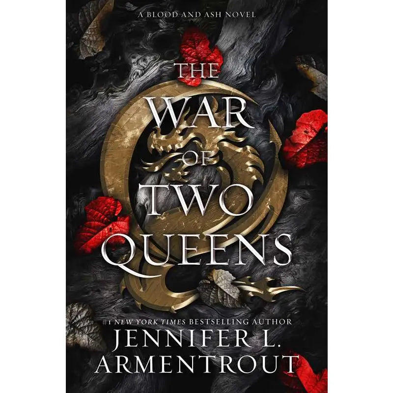 Book cover of 'The War of Two Queens' by Jennifer L. Armentrout with a dark background and gold emblem.