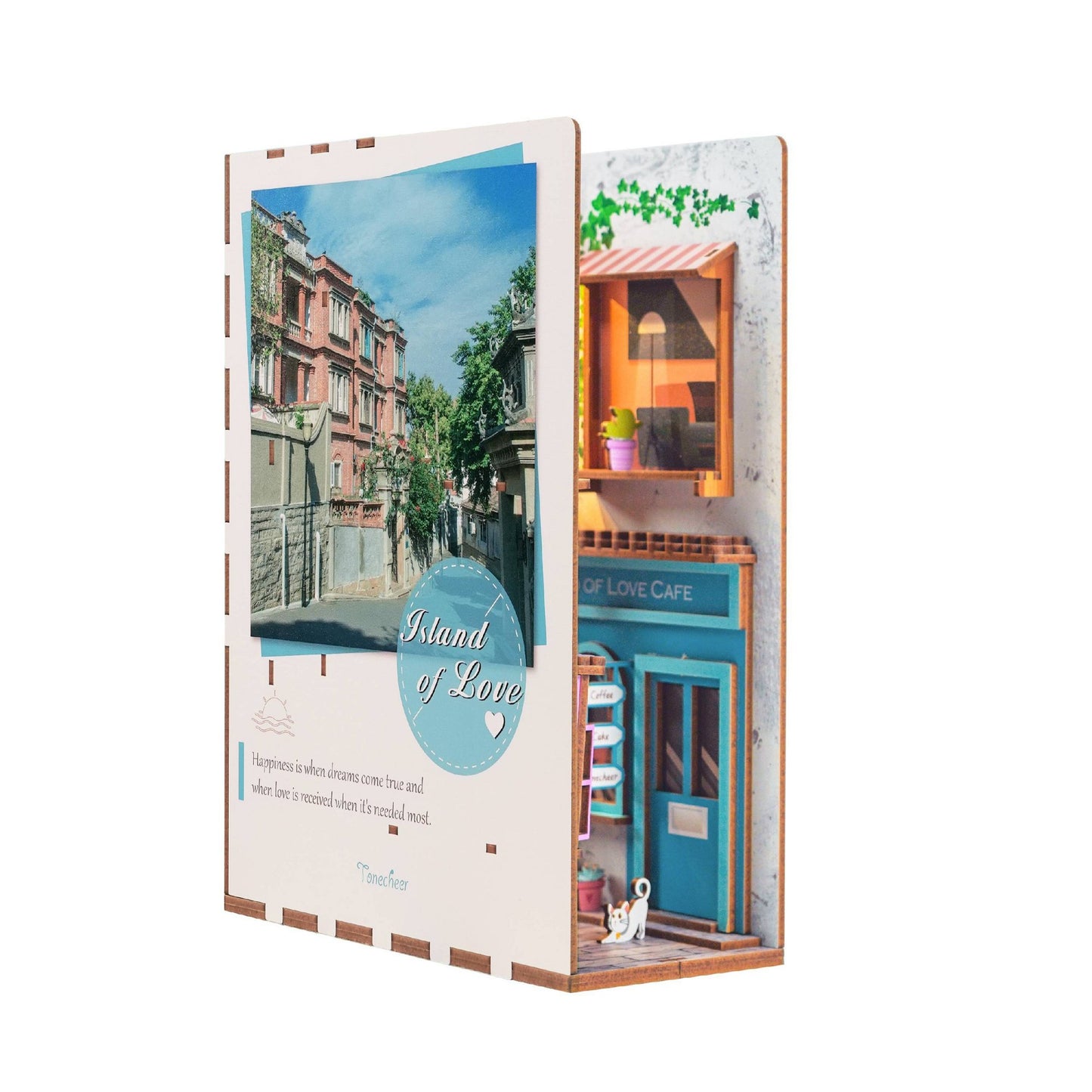 Model of a cafe with 'Island of Love' branding on a white background