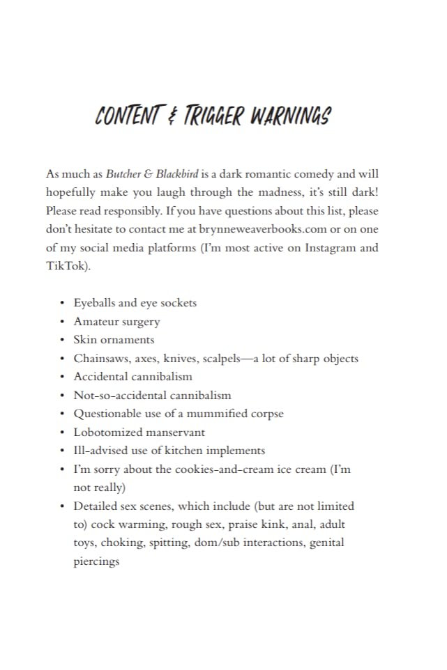 Content and trigger warnings list for a dark romantic comedy book on a white background