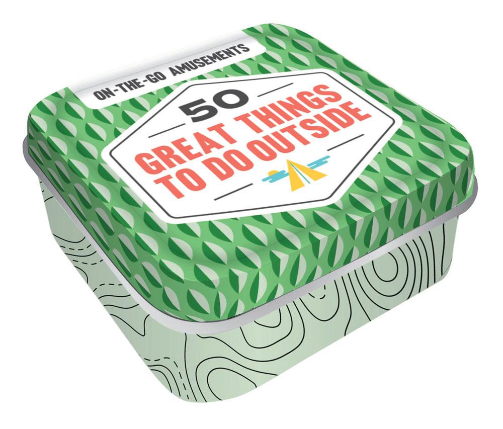 Green tin box with '50 Great Things to Do Outside' text on a white background