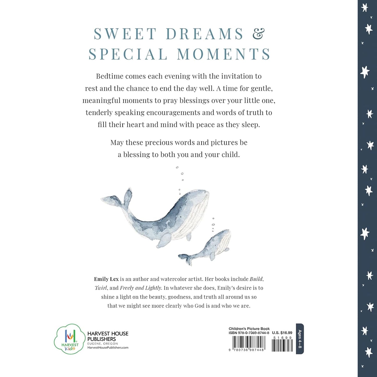 Bookback with whale illustration and text about bedtime prayers and encouragements for children, featuring Harvest House Publishers.
