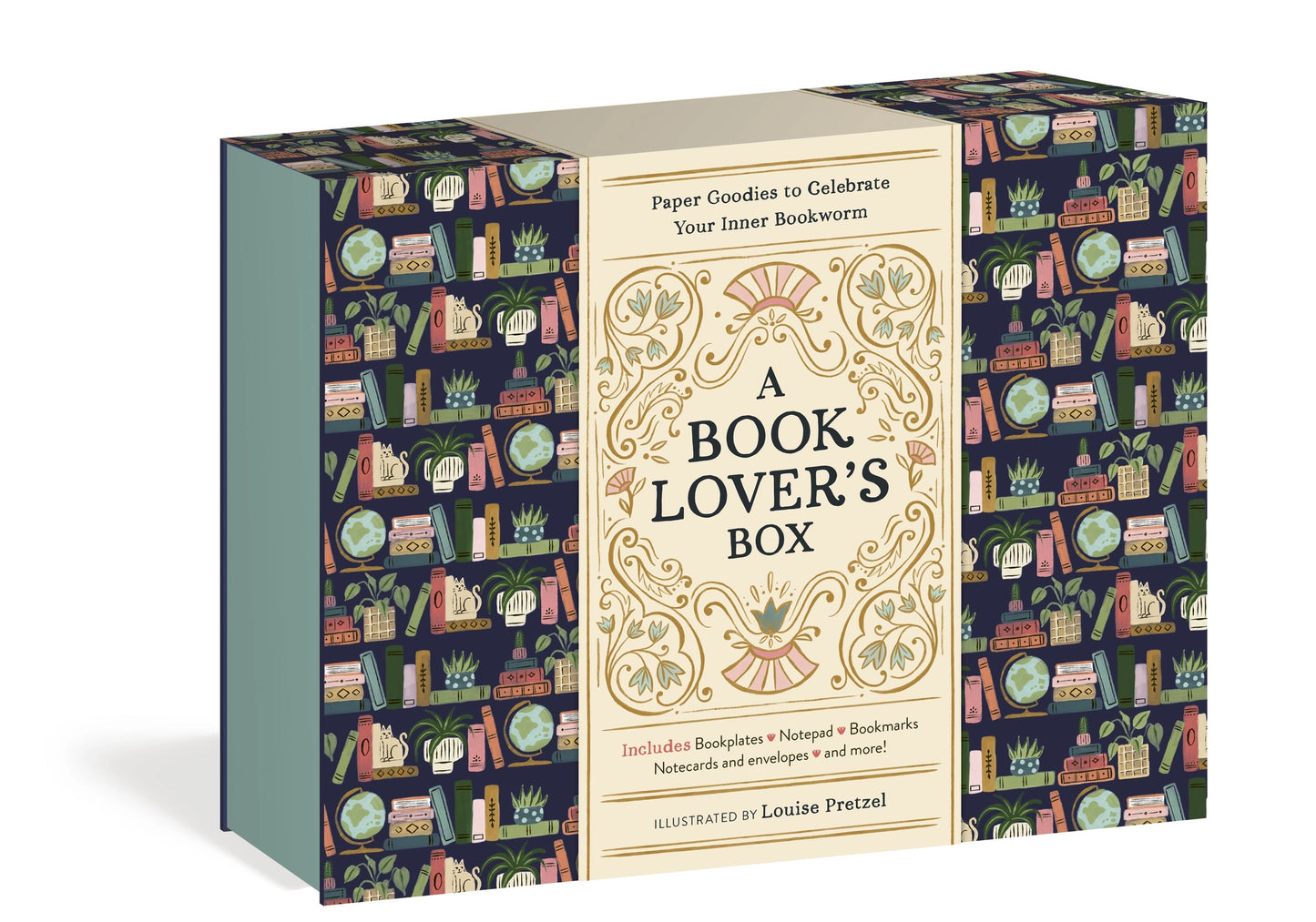 Book-themed gift box with decorative patterns and text on a white background