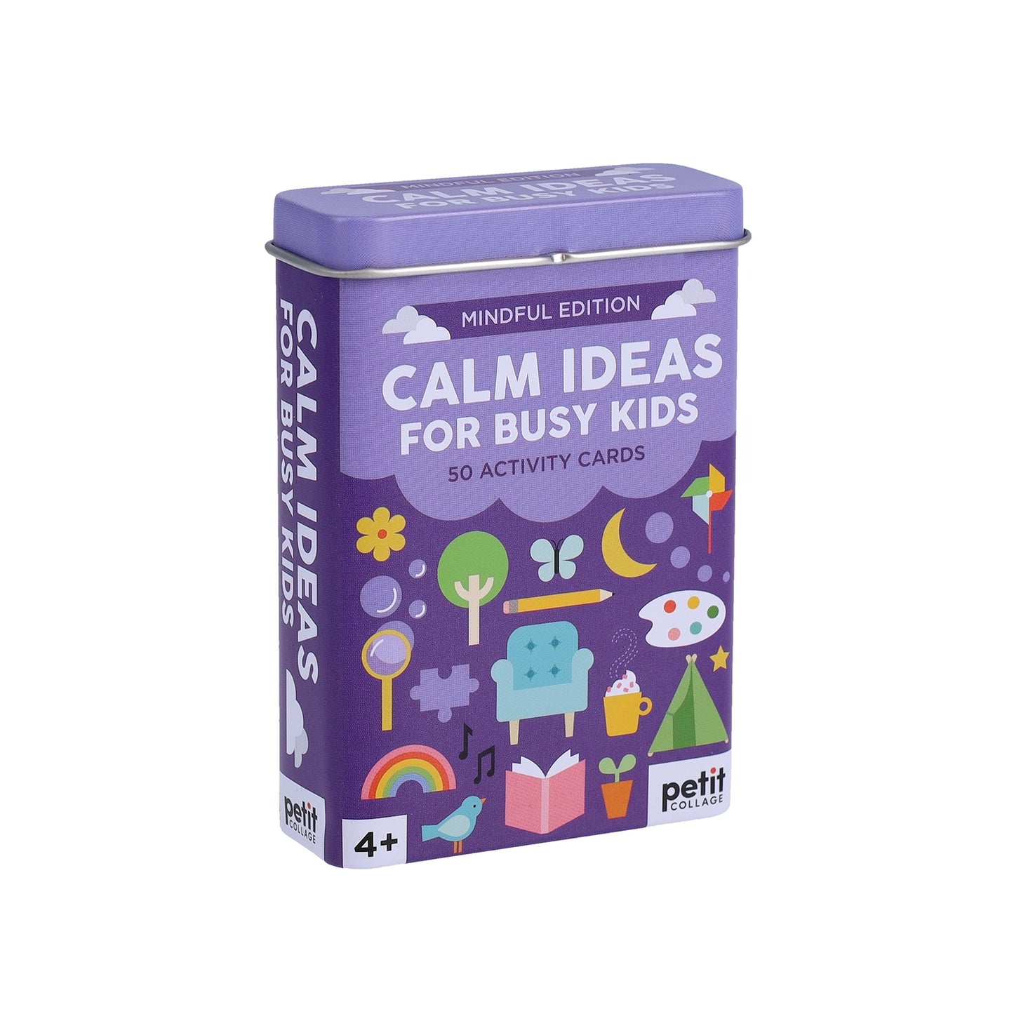 Purple box of 'Calm Ideas for Busy Kids' activity cards on a white background