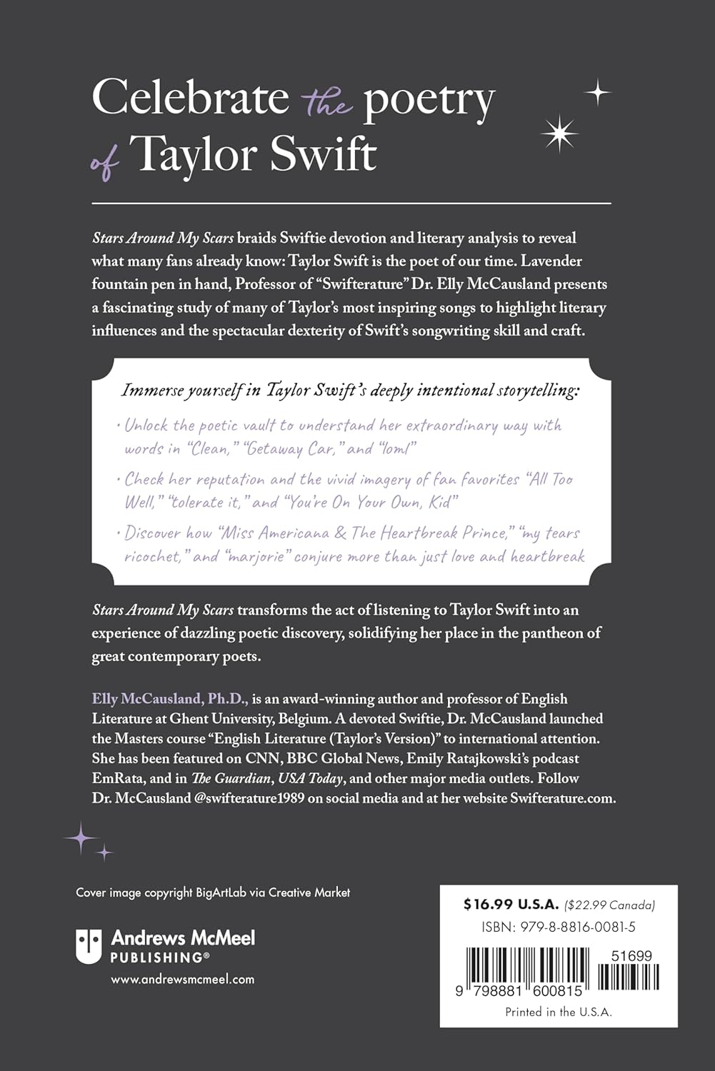 Back cover of a book about Taylor Swift's poetry, featuring text and branding.