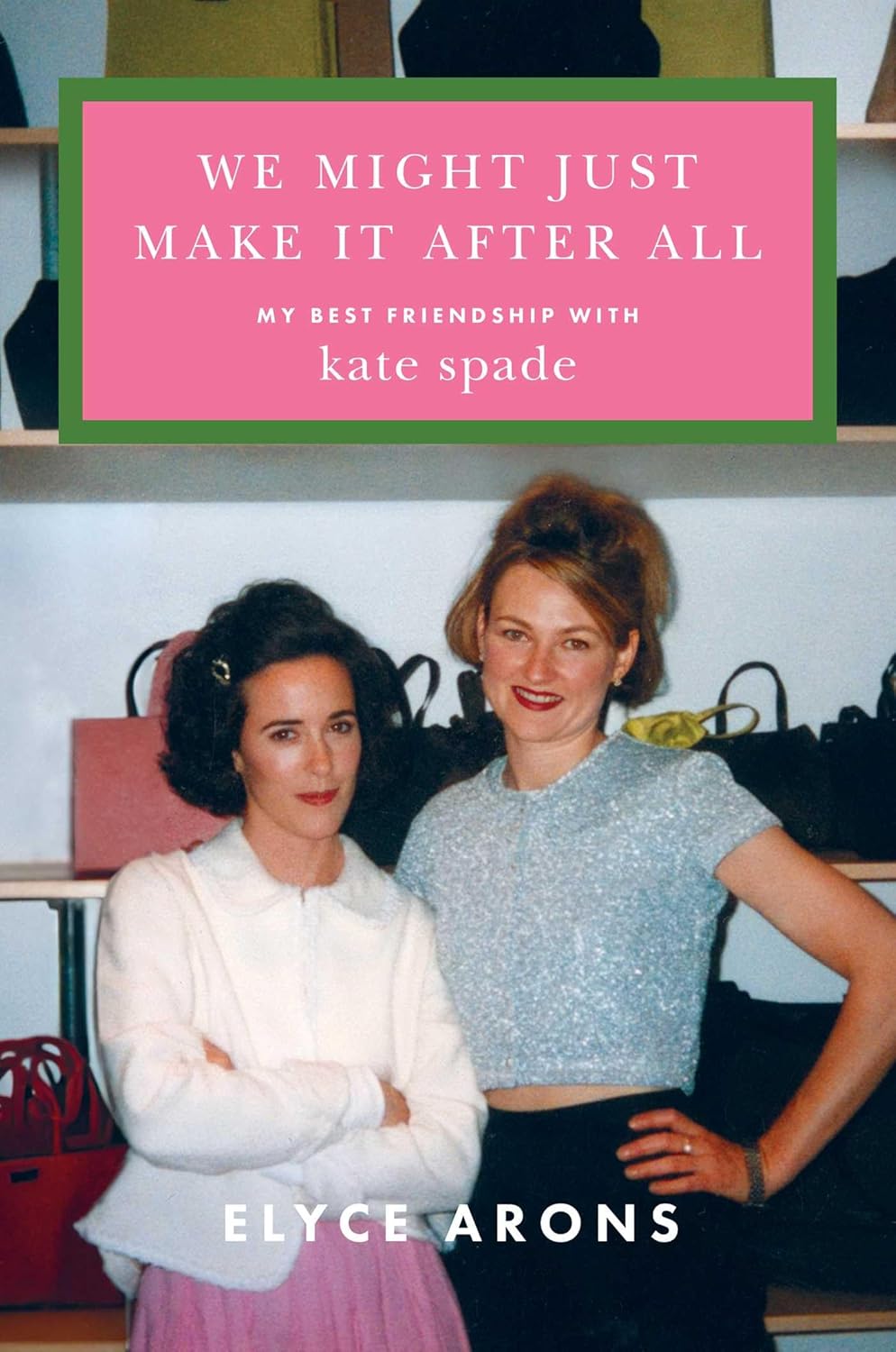 Two women standing together with a pink text box overlay on a book cover.