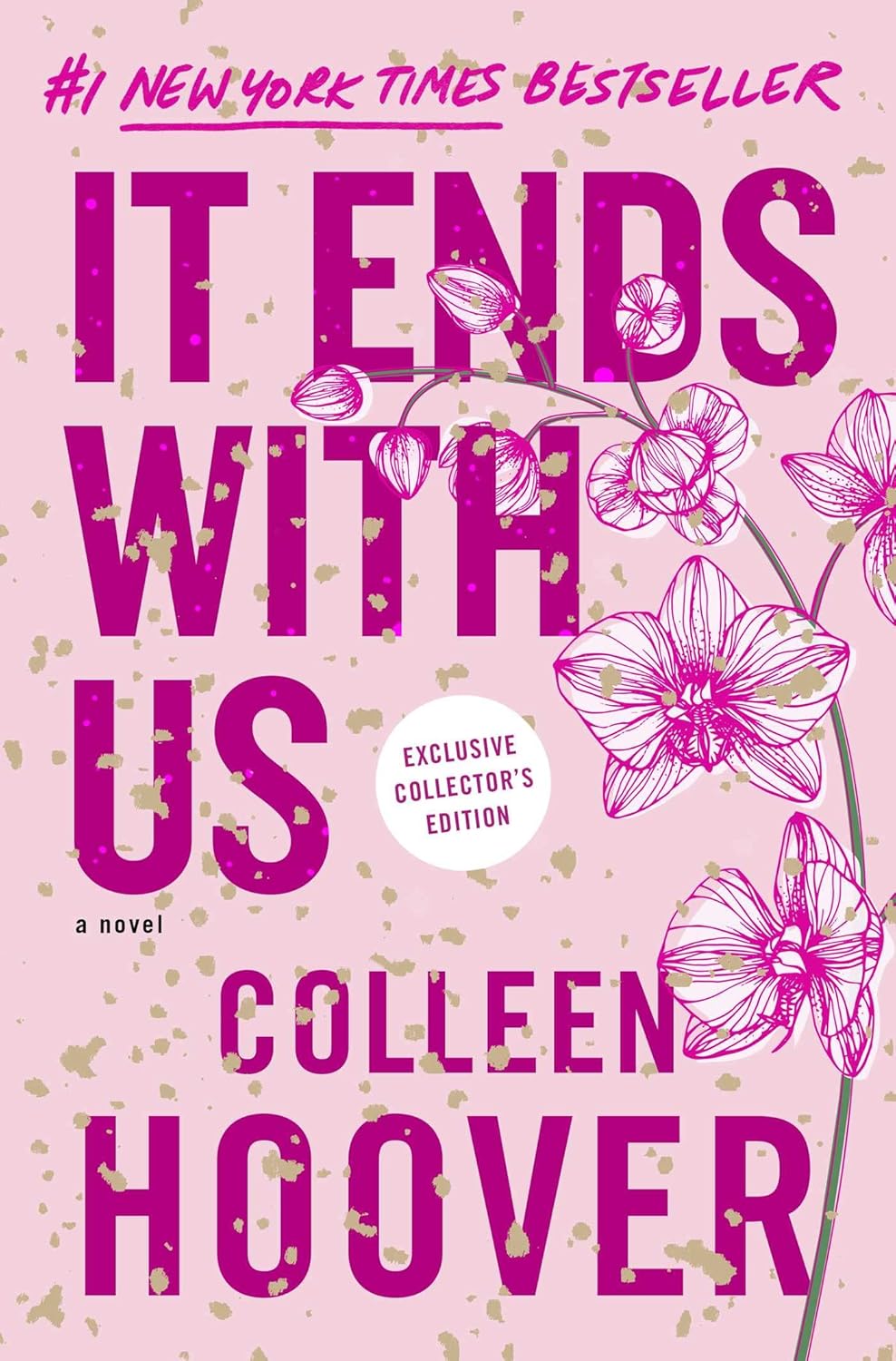 Book cover of 'It Ends with Us' by Colleen Hoover with pink floral design on a light pink background.