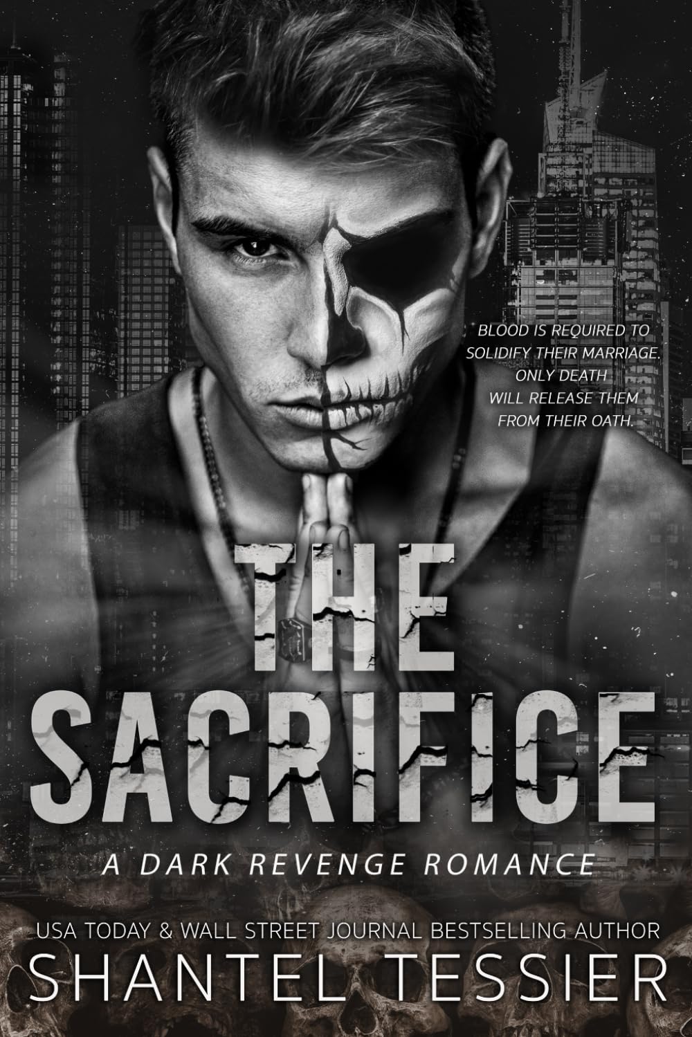 Book cover of 'The Sacrifice' featuring a man with a skull-like face paint against a cityscape background.