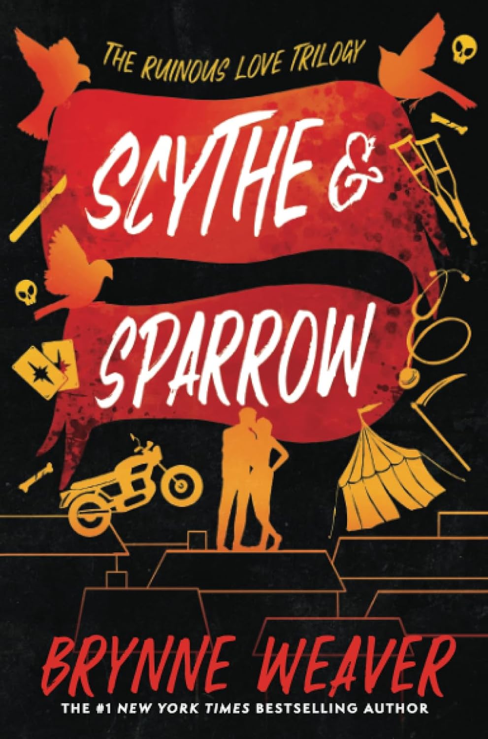 Book cover of 'Scythe & Sparrow' by Brynne Weaver with red, orange, and yellow design elements on a black background.