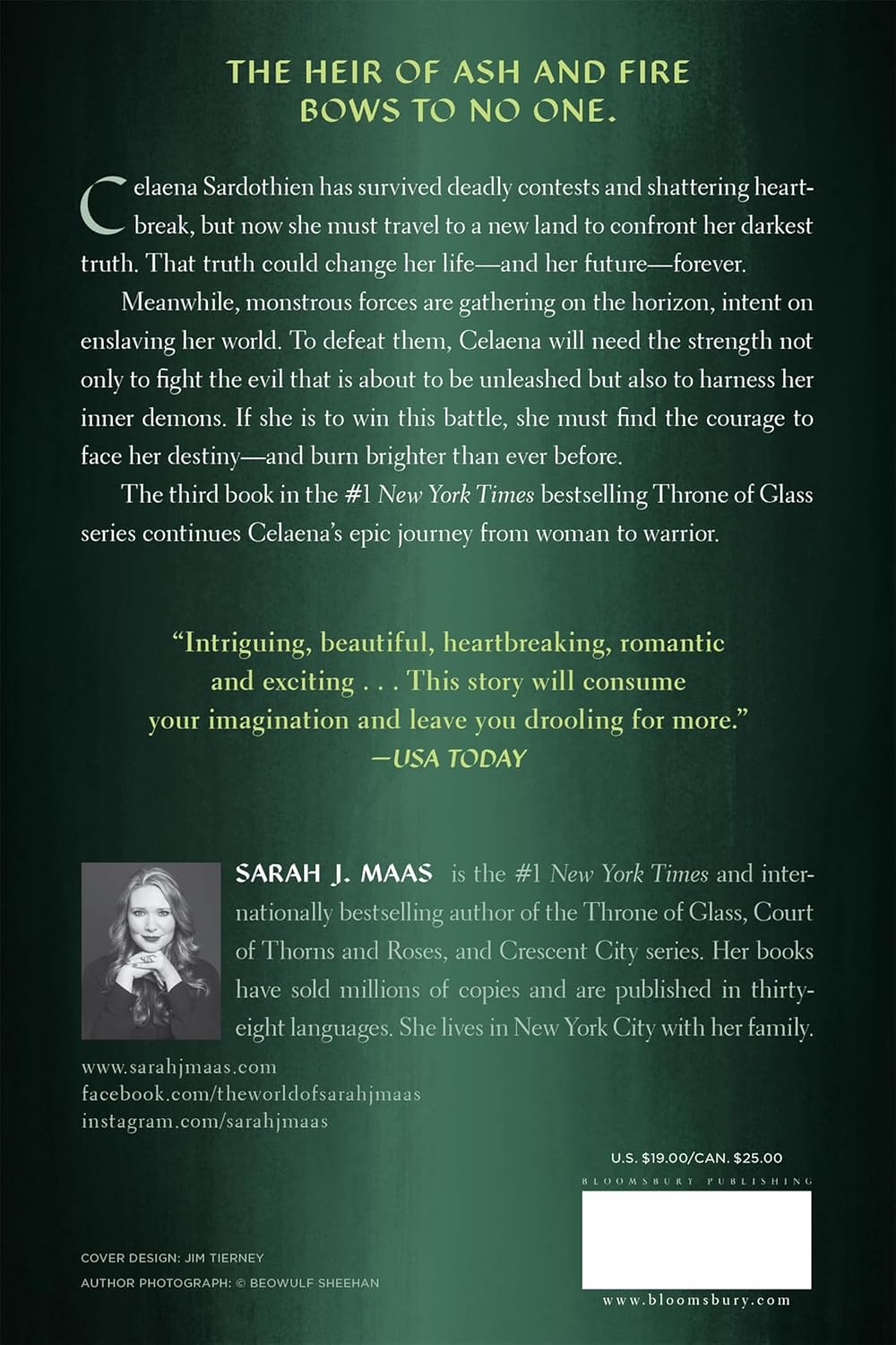 Book cover with text and a quote about a fantasy series, featuring a dark green background.