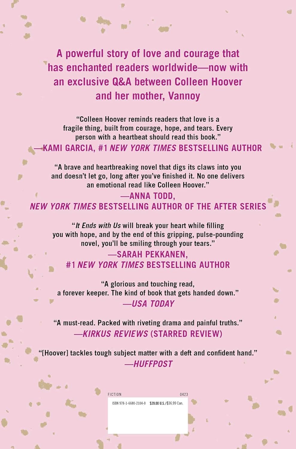 Pink background with text quotes praising a book and its author.