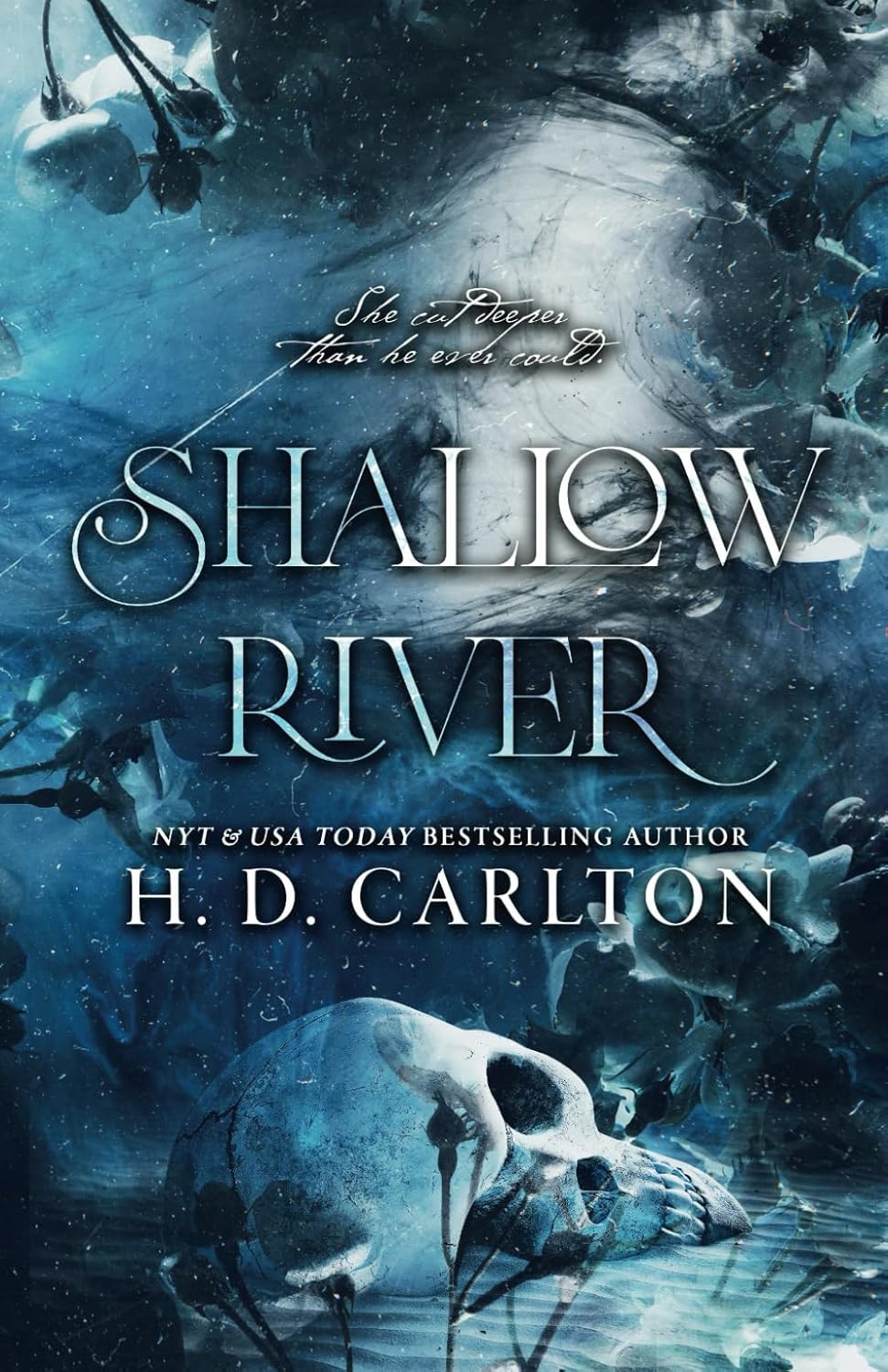 Book cover of 'Shallow River' with underwater scene and skull.
