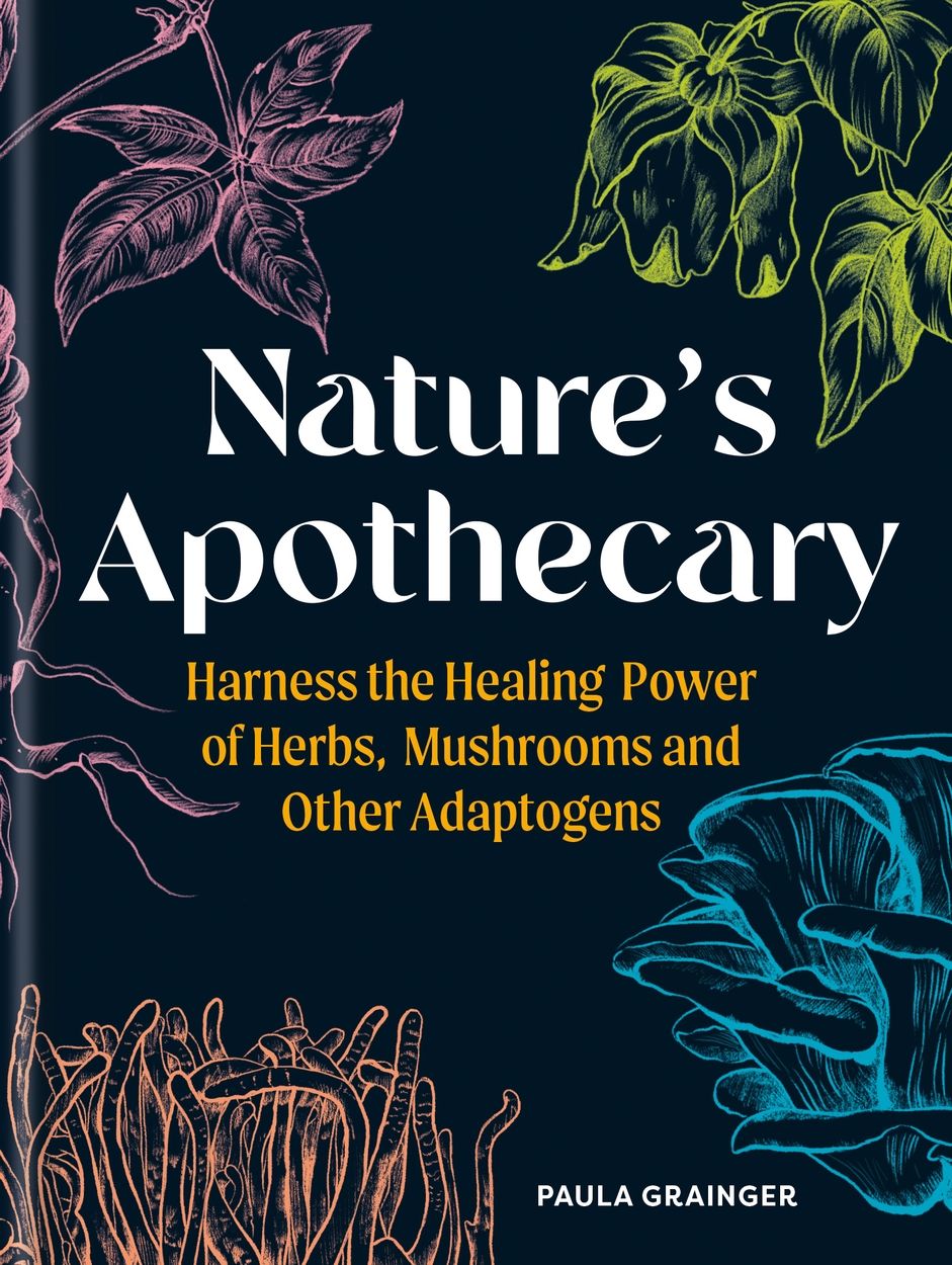 Book cover of 'Nature's Apothecary' with illustrations of herbs and fungi on a dark background.