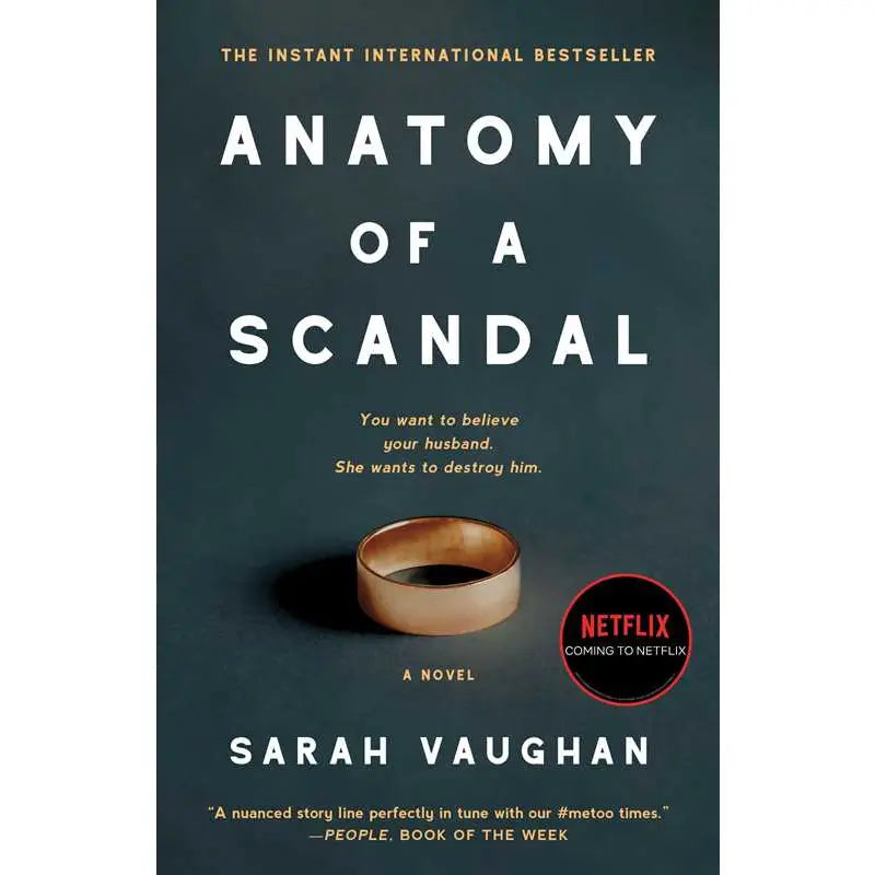 Book cover of 'Anatomy of a Scandal' by Sarah Vaughan with a ring and Netflix logo.