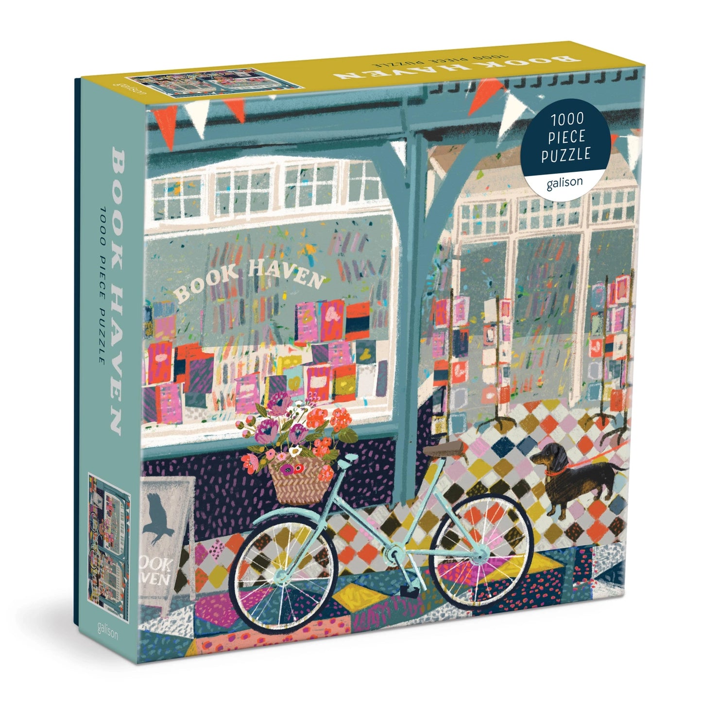Gallison puzzle box with a colorful illustration of a bookshop, bicycle, and dog.