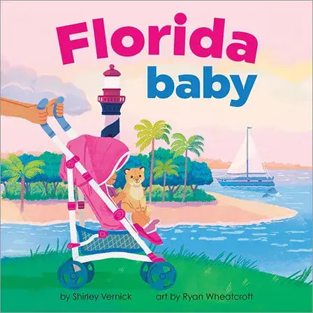 Book cover of 'Florida baby' with a stroller, cat, and lighthouse illustration.