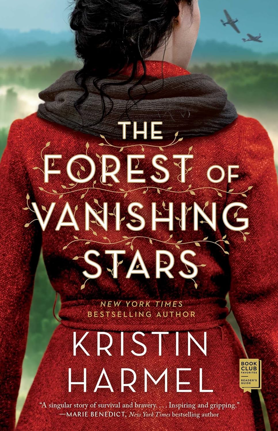 Book cover of 'The Forest of Vanishing Stars' by Kristin Harmel, featuring a person in a red coat looking at a landscape.