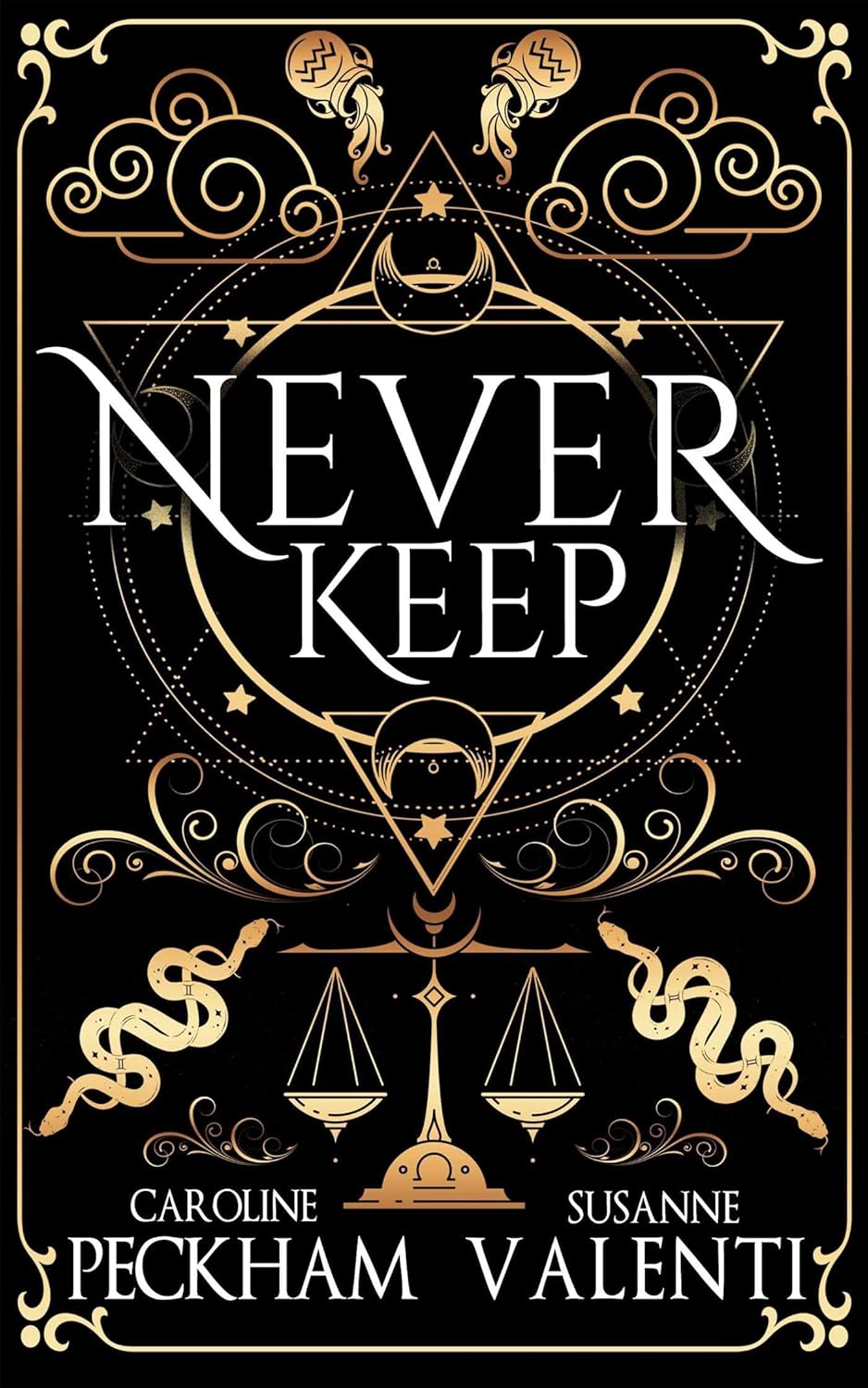Book cover of 'Never Keep' with decorative elements and gold text on a black background