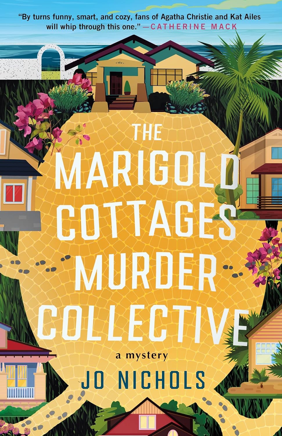 Book cover of 'The Marigold Cottages Murder Collective' with a yellow circle and houses in the background.