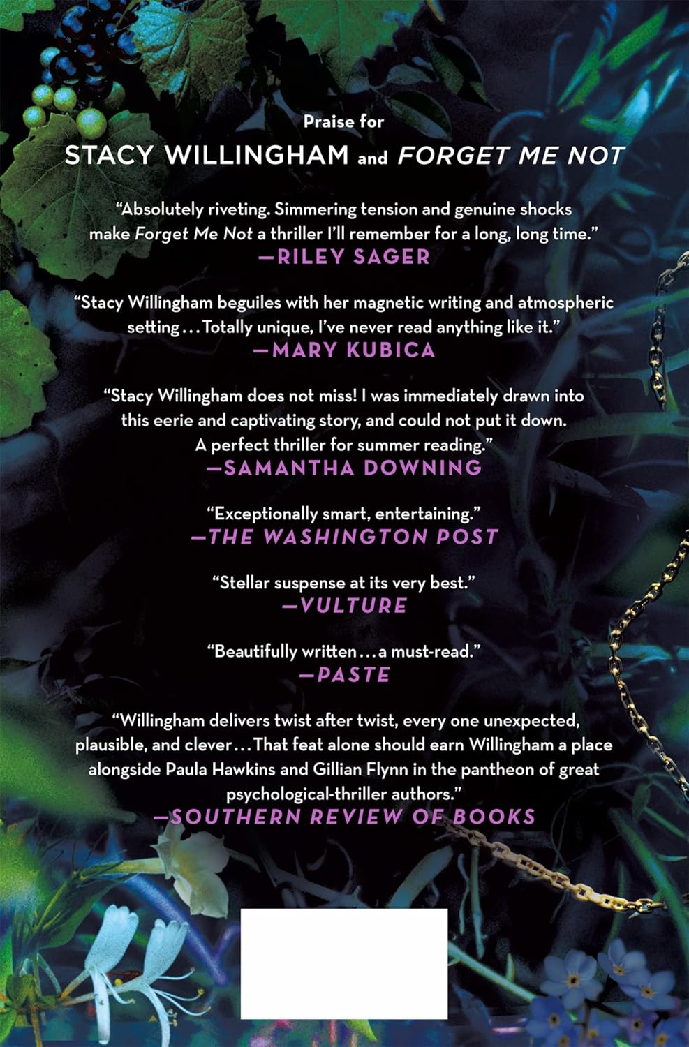 Book review quotes for 'Forget Me Not' by Stacy Willingham on a dark background with flowers.