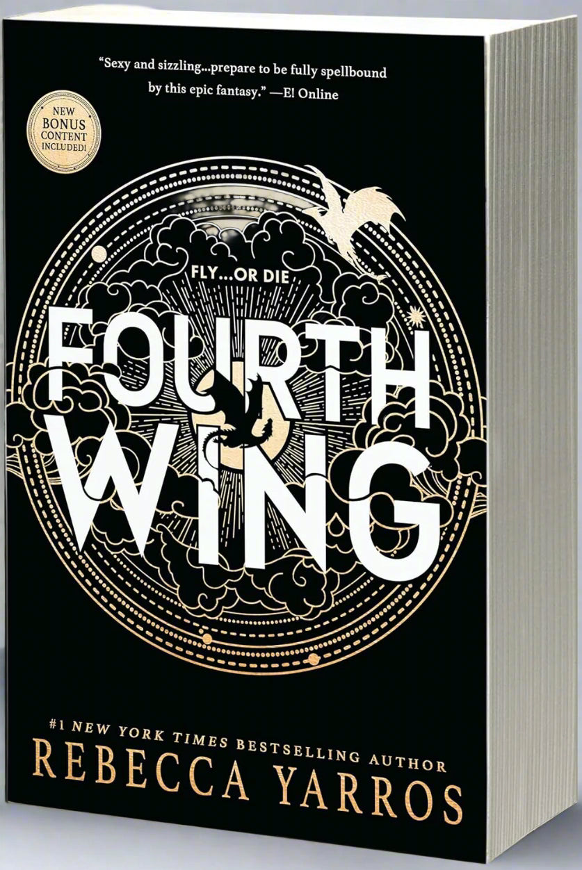 Book cover of 'Fourth Wing' by Rebecca Yarros with decorative design and bird illustration.