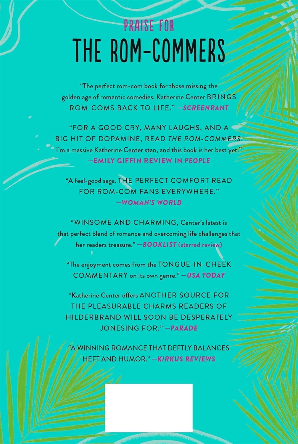 Book cover with praise for 'The Rom-Commers' on a teal background with leaf designs.