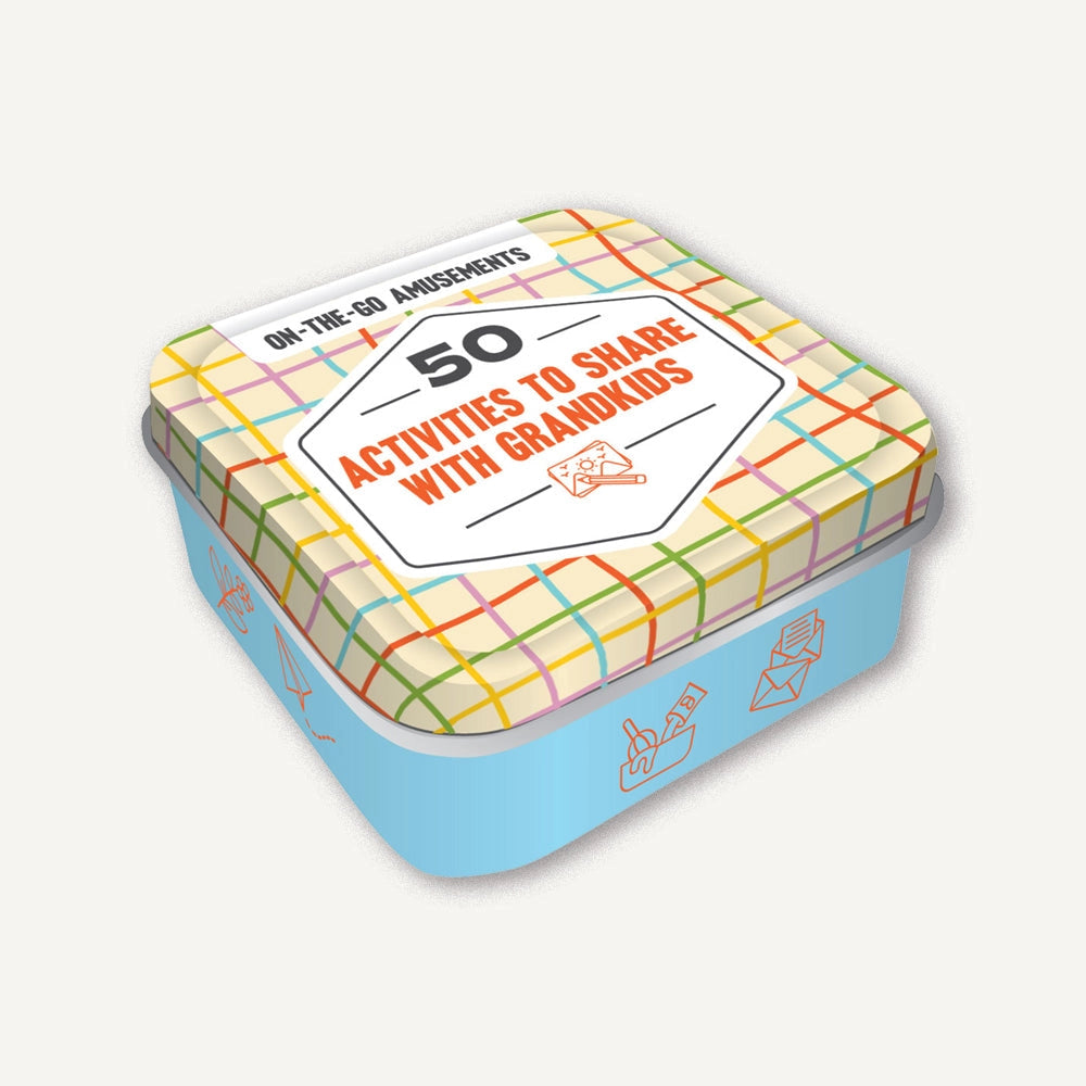 Colorful tin box with text '50 Activities to Share with Grandkids' on a white background