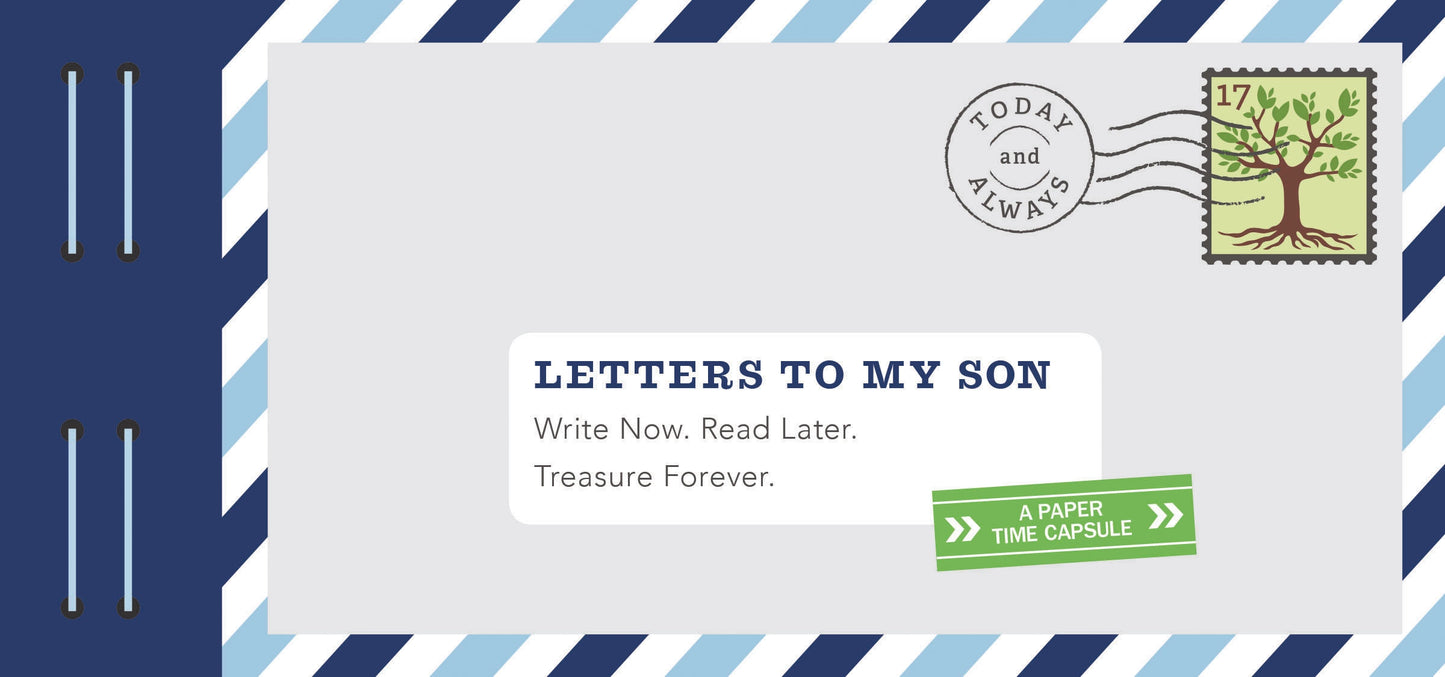 Envelope with 'Letters to My Son' book cover, postage stamp, and decorative elements on a blue and white striped background.
