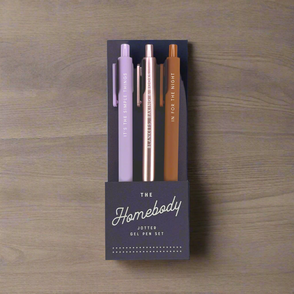 Set of three pens in a black box labeled 'The Homebody Jotter Gel Pen Set' on a white background.