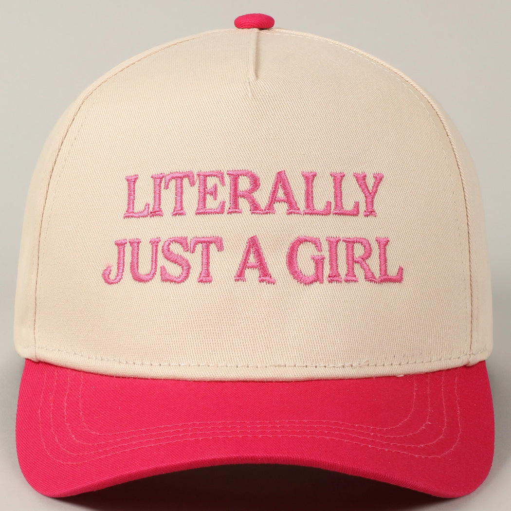 Beige and red cap with 'Literally Just a Girl' text in pink on a gray background