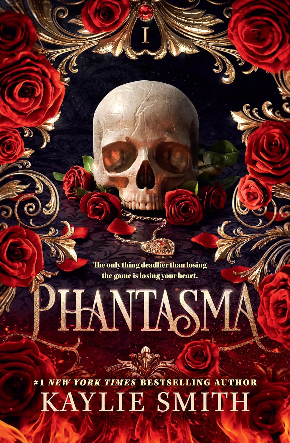 Book cover of 'Phantasma' with a skull and red roses, featuring Kaylie Smith's name.
