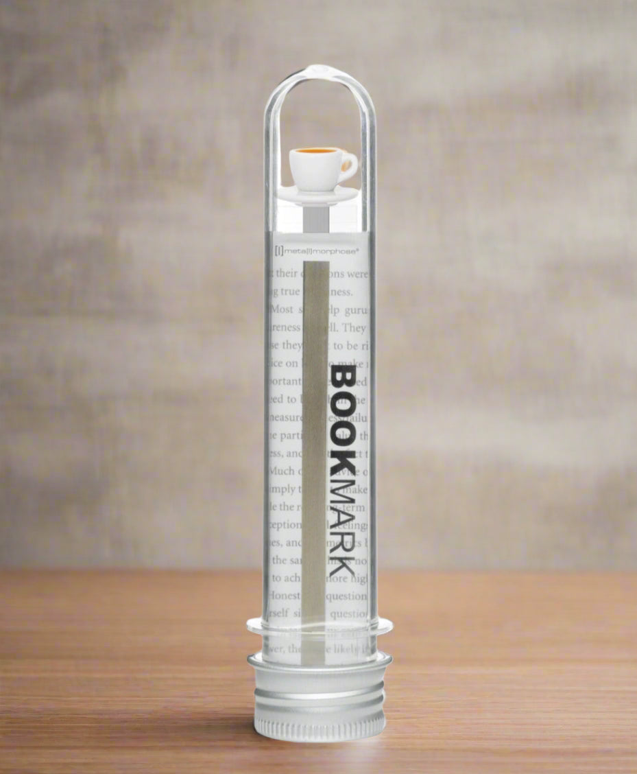 Clear cylindrical product with 'BOOKMARK' branding on a white background