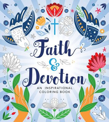 Colorful cover of 'Faith & Devotion' coloring book with flowers and a cross.