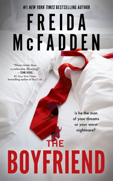 Book cover of 'The Boyfriend' by Freida McFadden with a red ribbon and bloodstain on white fabric.