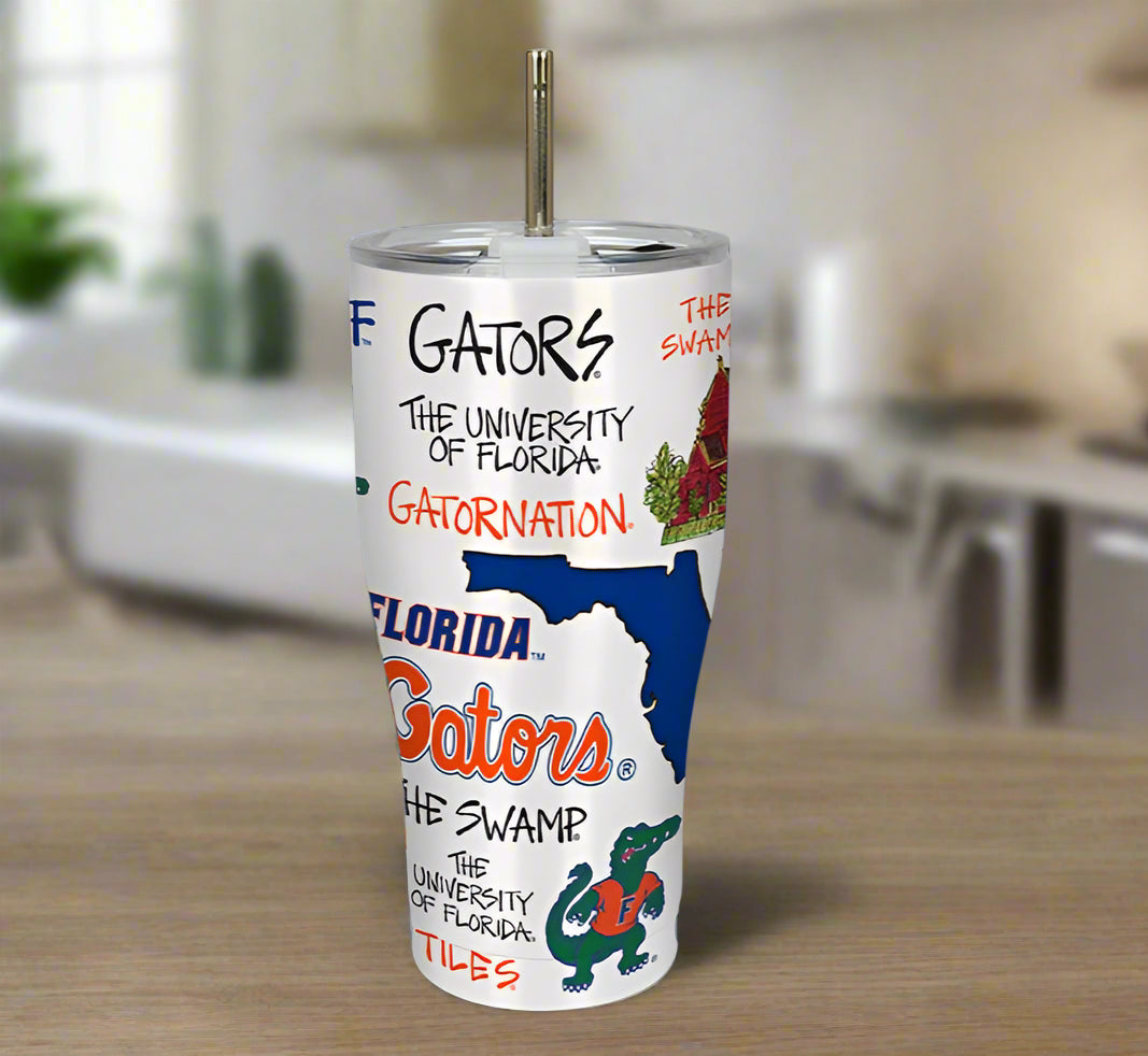 Tumbler with Florida Gators branding and graphics on a gray background
