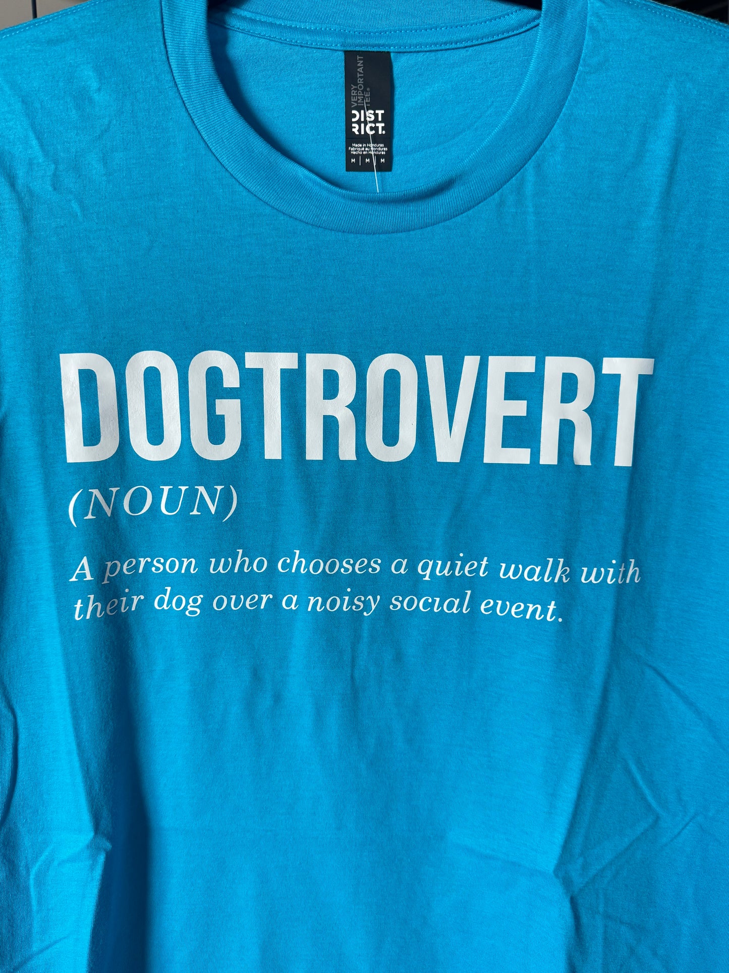 Blue t-shirt with 'DOGTRROVERT' text and definition on a plain background