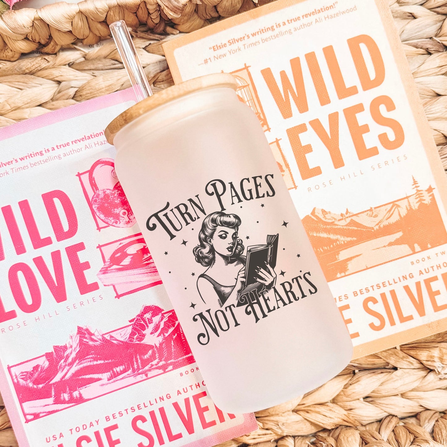 Turn Pages Not Hearts Frosted Glass Cup with Bamboo Lid & Straw