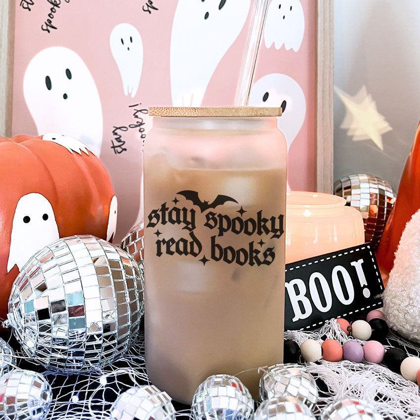Stay Spooky Read Books Frosted Glass Cup with Bamboo Lid & Straw