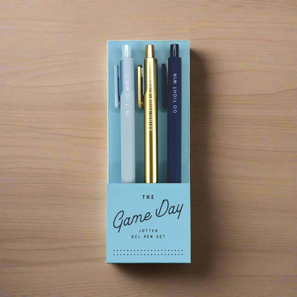 Set of pens in a packaging labeled 'The Game Day Jotter Gel Pen Set' on a white background