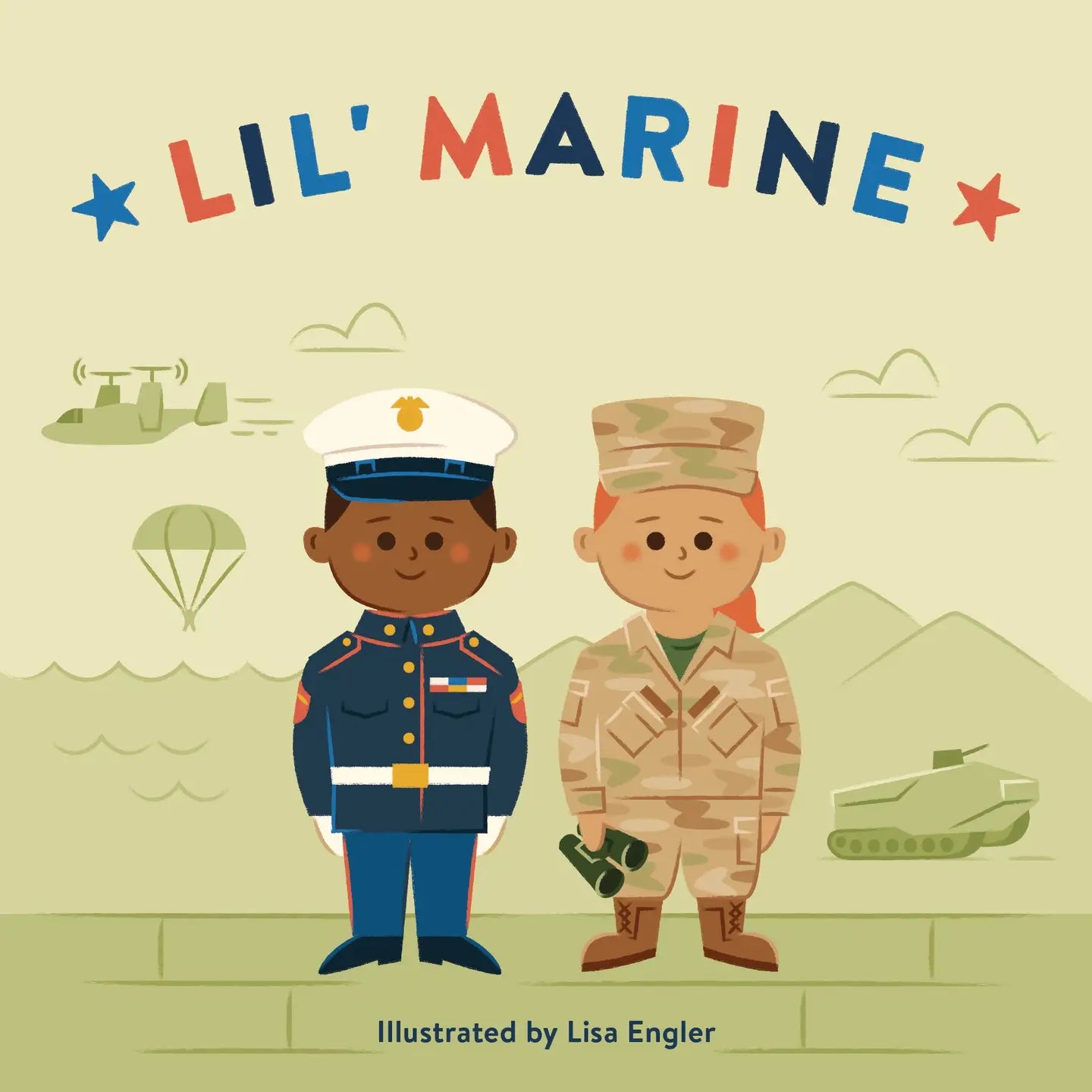 Book cover of 'Lil' Marine' with two children in military uniforms and illustrations of a tank, parachute, and airplane.