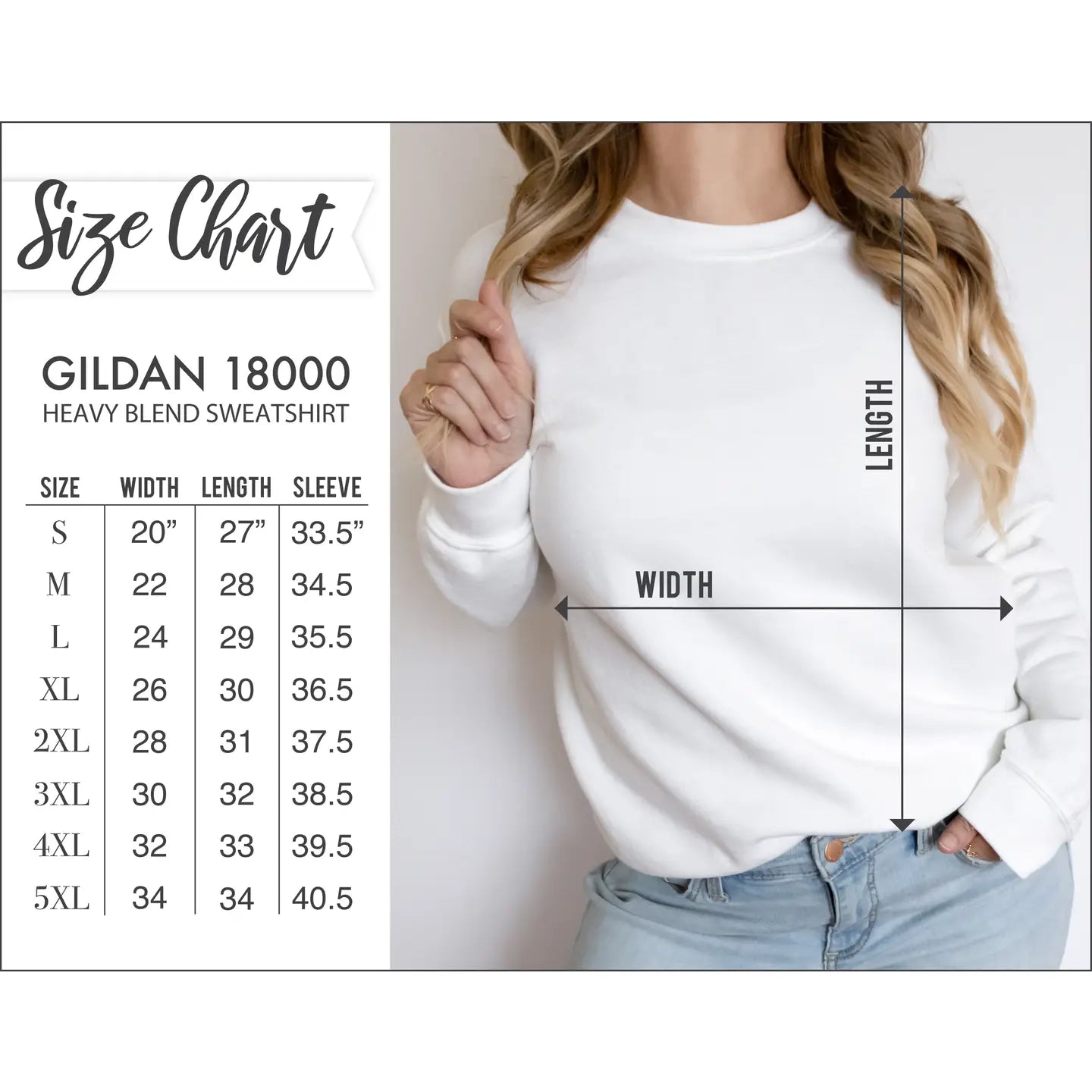 White sweatshirt with size chart on a plain background