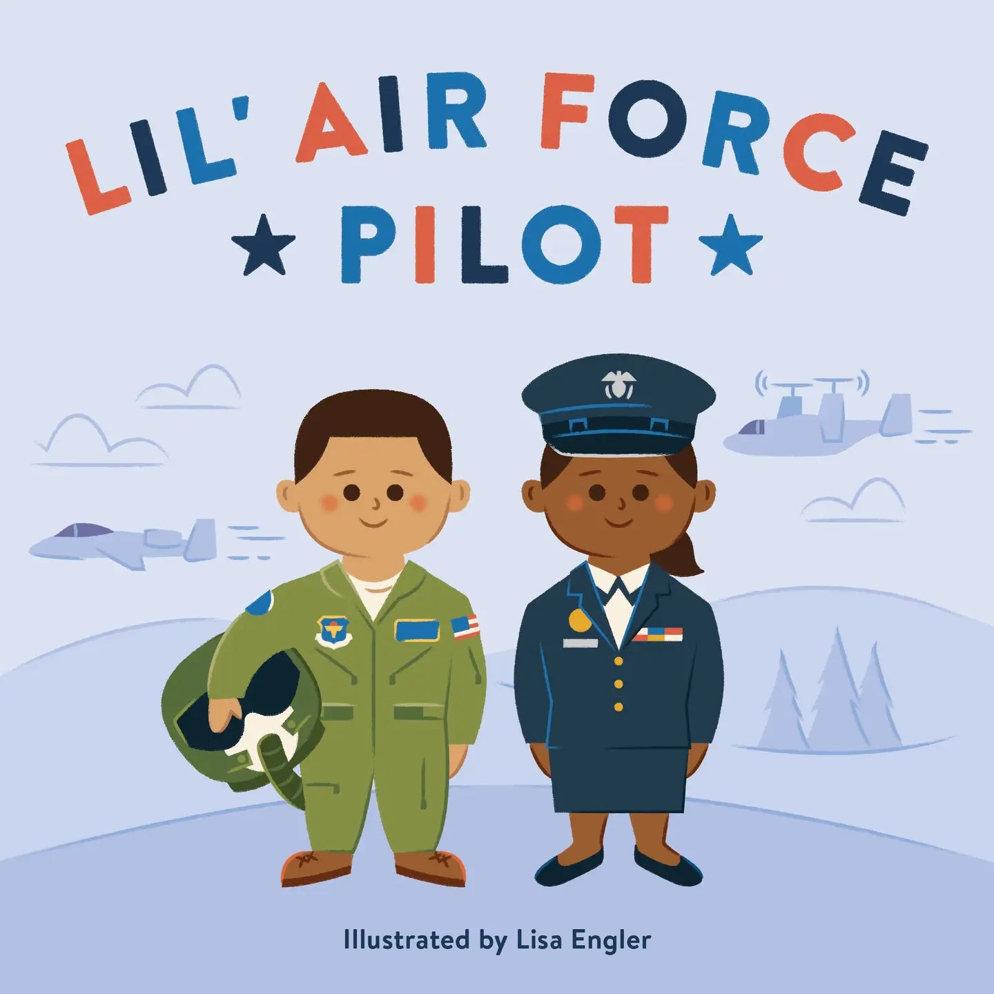 Book cover of 'Lil' Air Force Pilot' with two illustrated pilots and airplane graphics.