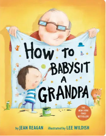 Book cover of 'How to Babysit a Grandpa' with a cartoon illustration of an old man and a child.