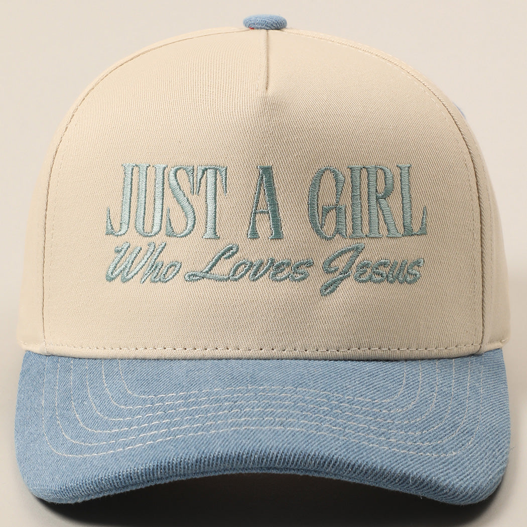 Beige and blue cap with 'Just a Girl Who Loves Jesus' text on a beige background