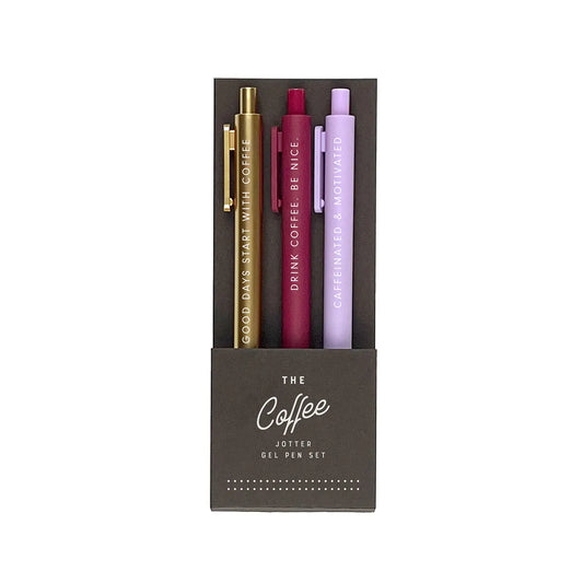 Set of three gel pens in a black box with text on a white background